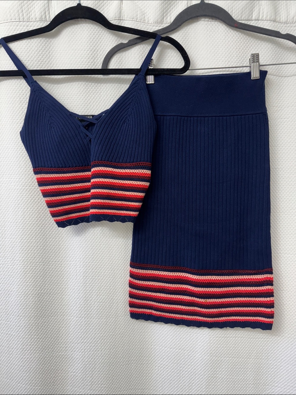 Express Navy Knit Two-Piece Skirt Set with Red and Pink Stripes
